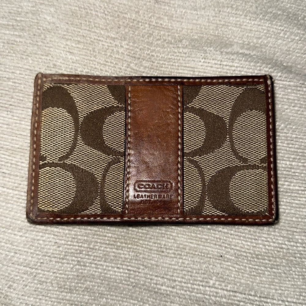 Coach tan and brown signature canvas card holder with brown leather details